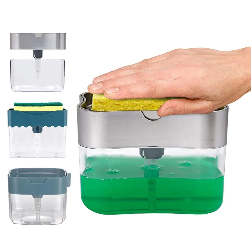 Detergent Automatic Liquid Adding Box Press Out Scouring Pad Injector Dishwashing Pot Brush Soap Lye Box Kitchen Cleaner Tools