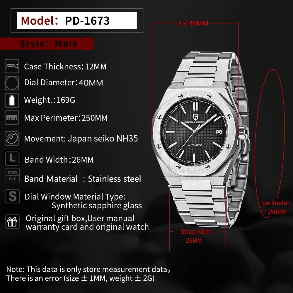 PAGANI DESIGN Automatische mechanische Herrenuhr PD1673 Wasserdichte Sport-Saphir-Edelstahluhr für Herren