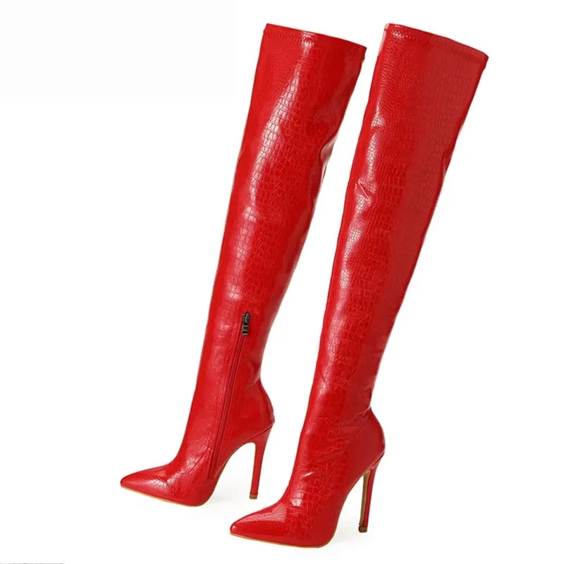 Liyke New Fashion Pink Over The Knee Boots Women Cozy Leather Pointed Toe Zip Thigh High Long Shoes Winter Stiletto Heels Pumps