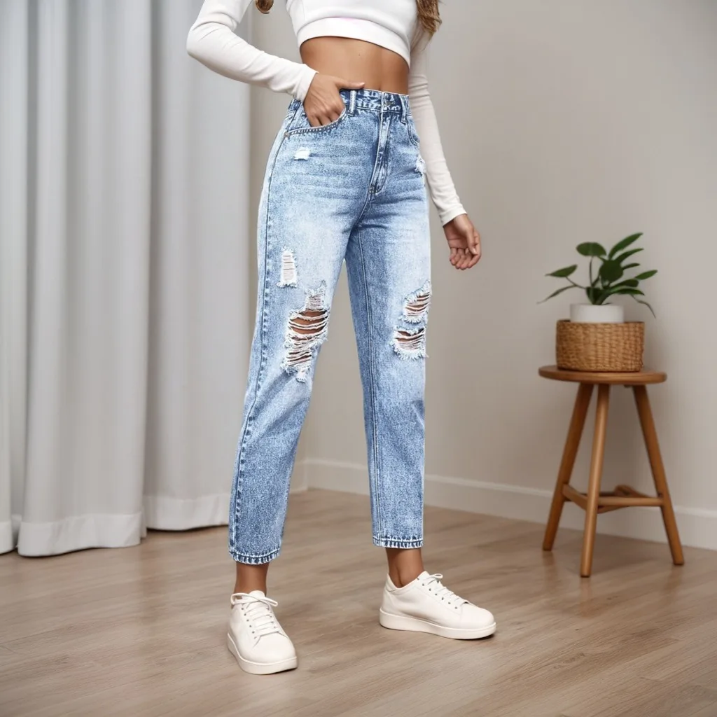 Women Ripped Tapered Slim Fit Jeans European American Style Casual Fashion Shaping Denim Long Pants