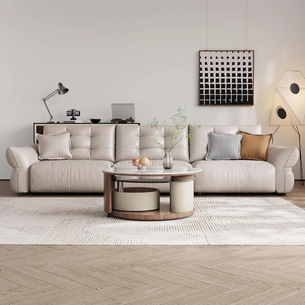 طاولة قهوة مستديرة حديثة، طاولة مركزية متعددة الاستخدامات 2 في 1 مع عجلات وتخزين، حجر متكلس وزجاج مقسى