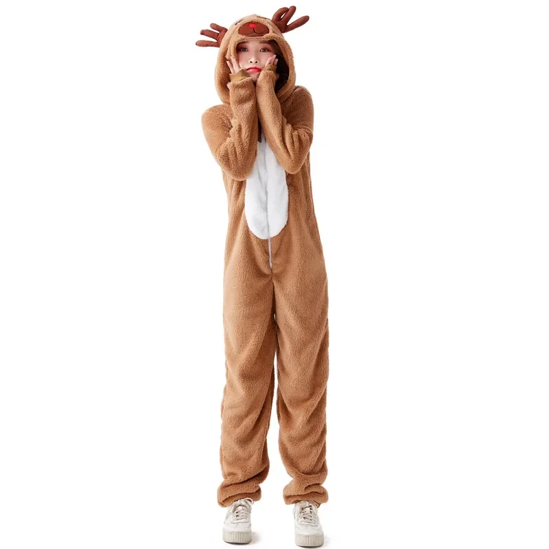 Christmas Reindeer Jumpsuits Role-playing Animal Suit Elk Coral Fleece Couple Costume Parent-child Hooded Deer Clothing Pajamas