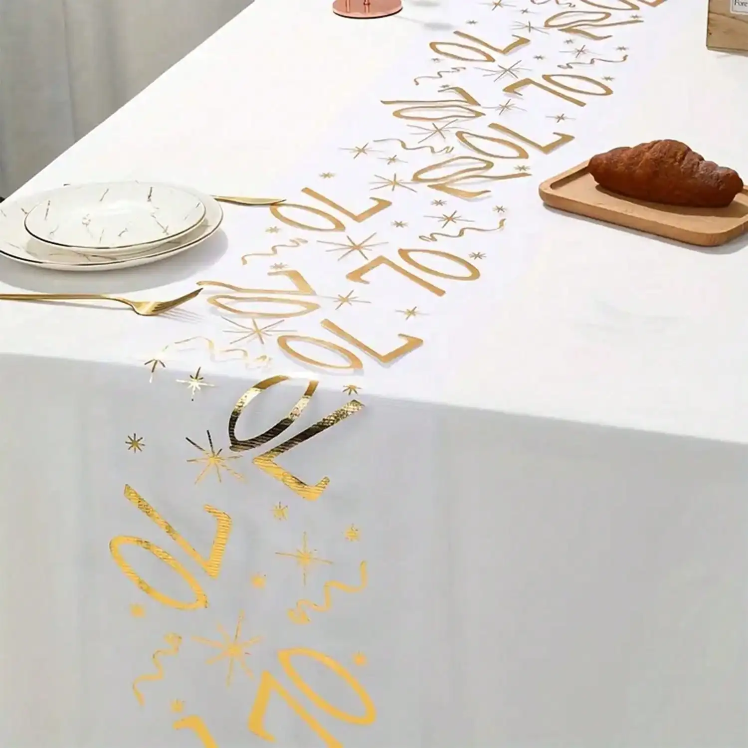 Golden Printed Birthday Happy Mesh Tablecloth with Balloon and Celebration Design, Perfect for Birthday and Festival Party Decor