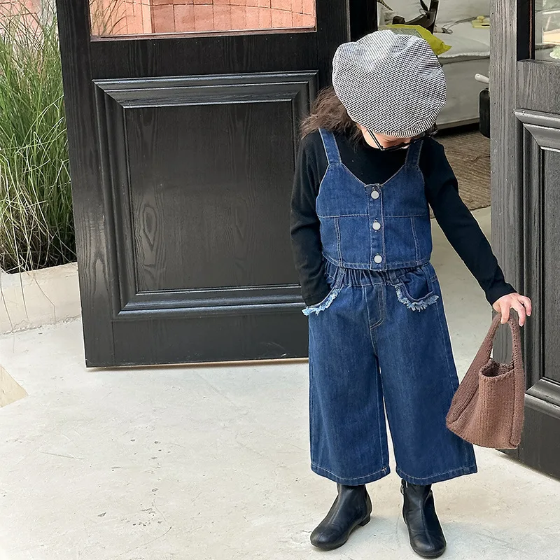 

2025 New Fashion Toddler Girls Denim Overalls Set Spring Autumn Tops + Vest + Jeans 3-Piece Outfit Cute Baby Casual Clothes