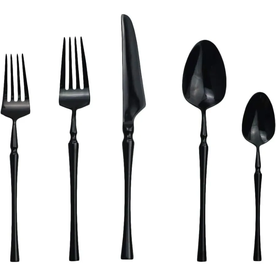 20 piece Black Flatware Set 304 Stainless Steel Fork Spoon Cutlery Luxury Mirror Polished Silverware Dishwasher Safe Service fo