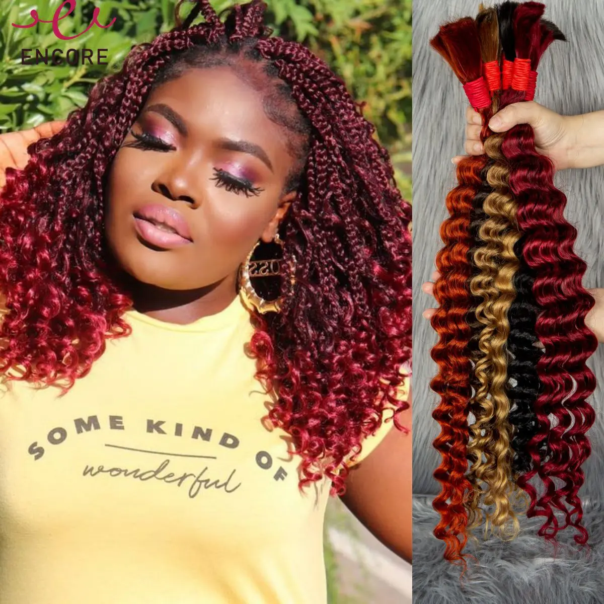 شعر بشري بورجوندي 99J # مموج عميق بالجملة لضفائر بوهو تجديل الشعر البشري تجعيد الشعر بالجملة للتجديل