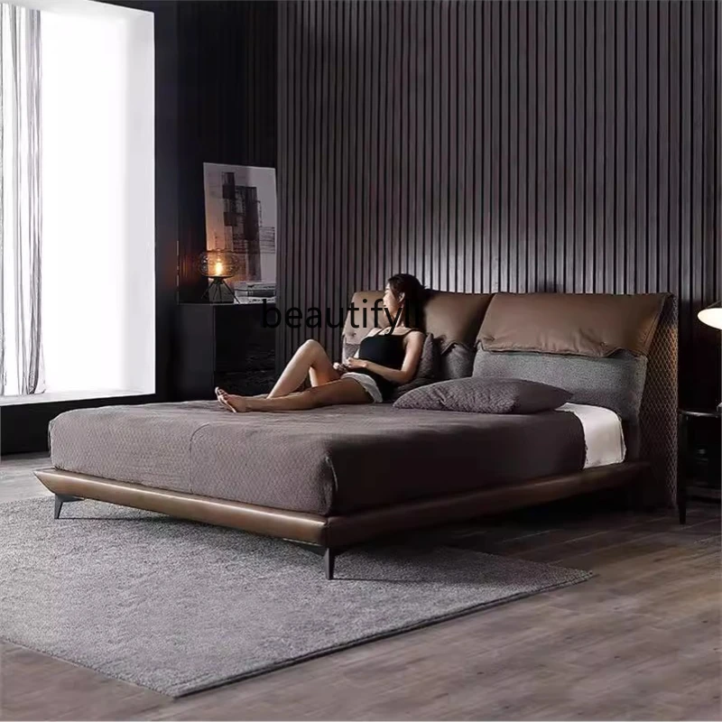 

Light Luxury Master Bedroom Wedding Bed Head Layer Cowhide Genuine Leather Bed 1.8 High Foot Nordic Simple Modern Double Bed