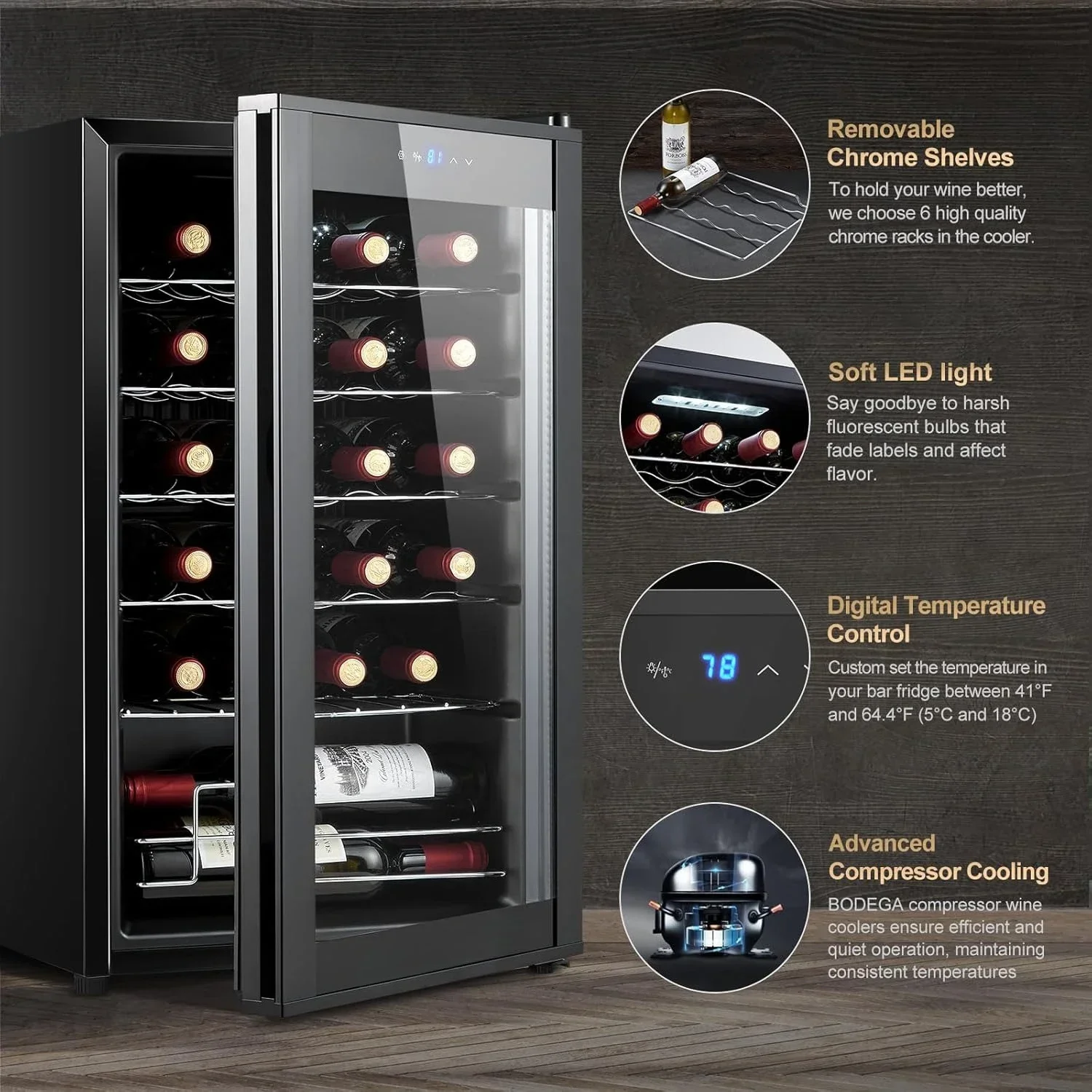 Compact 24-Bottle Wine Cooler Mini Fridge with Digital Temperature Control for Home Kitchen Bedroom 41-64.4°F