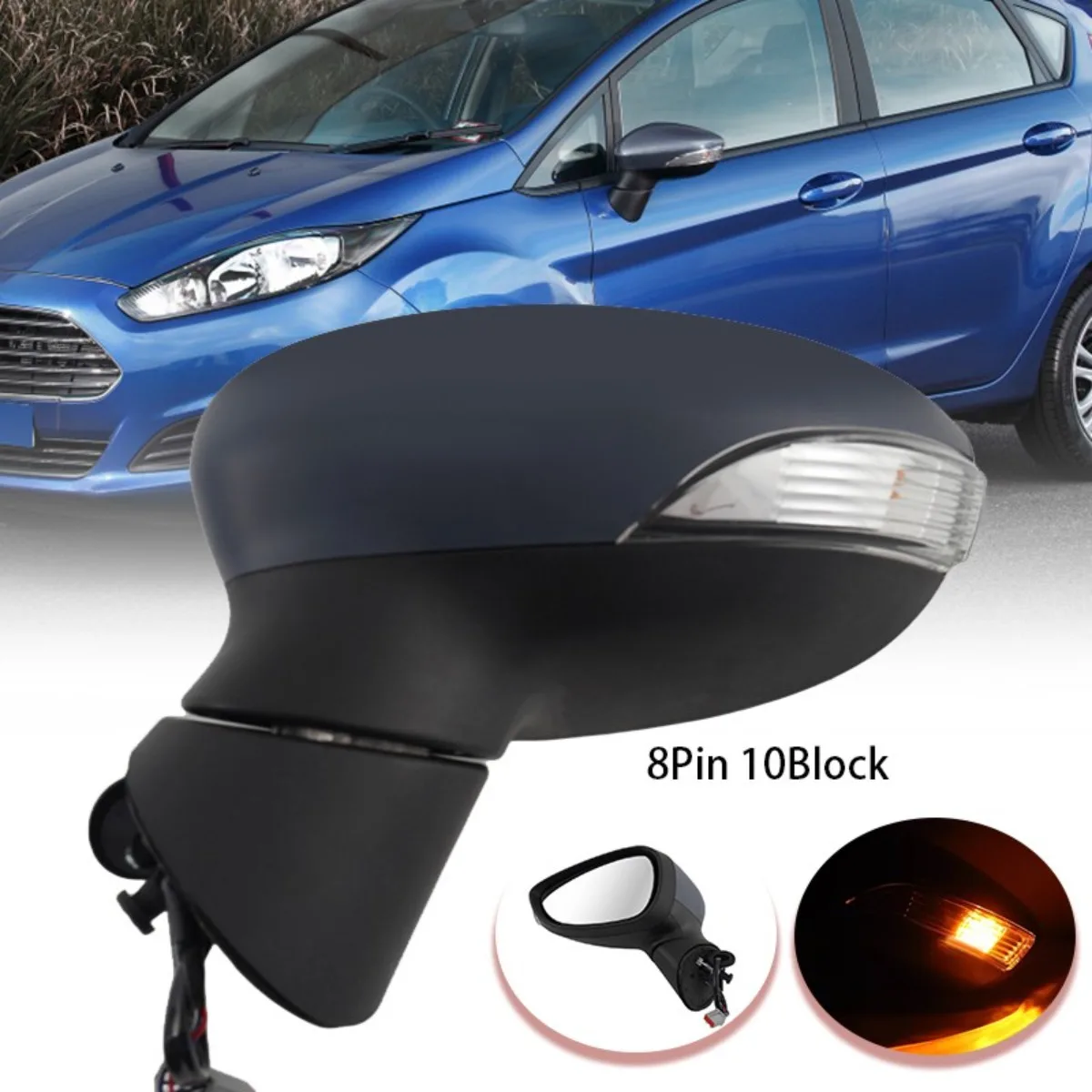 8 Pins 10 Block Power Folding For Ford Fiesta MK7 2013-2017 Primed Left/ Right Side Car Electric Heated Wing Mirror Covers Parts