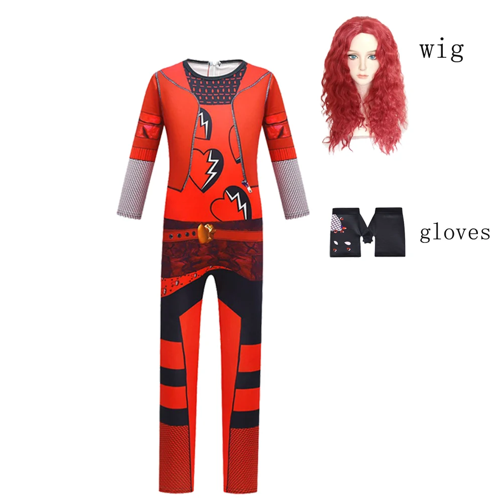 Kids Halloween Costume for Girls The Rise of Red Jumpsuits+wig D-Descendants 4 Red and Chloe Cosplay Costume Children Party Suit