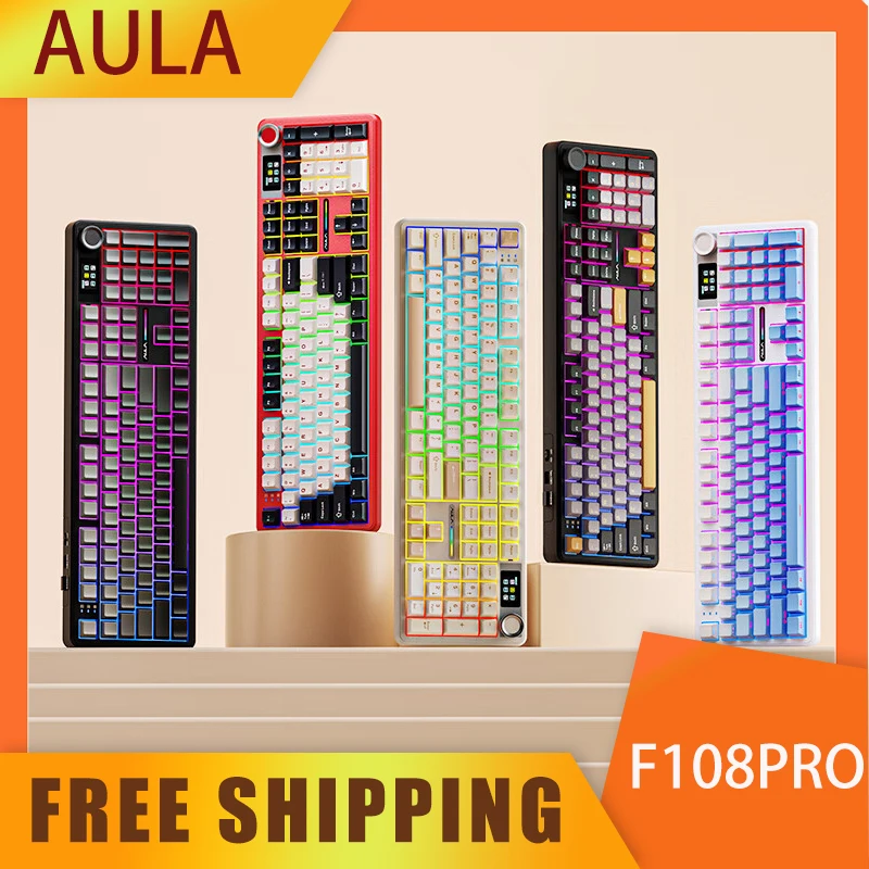 Aula F108pro Mechanical Keyboard 3mode Wireless Gaming Keyboard With 1.14-Inch Display Screen Rgb Customise Pc Accessories Gifts