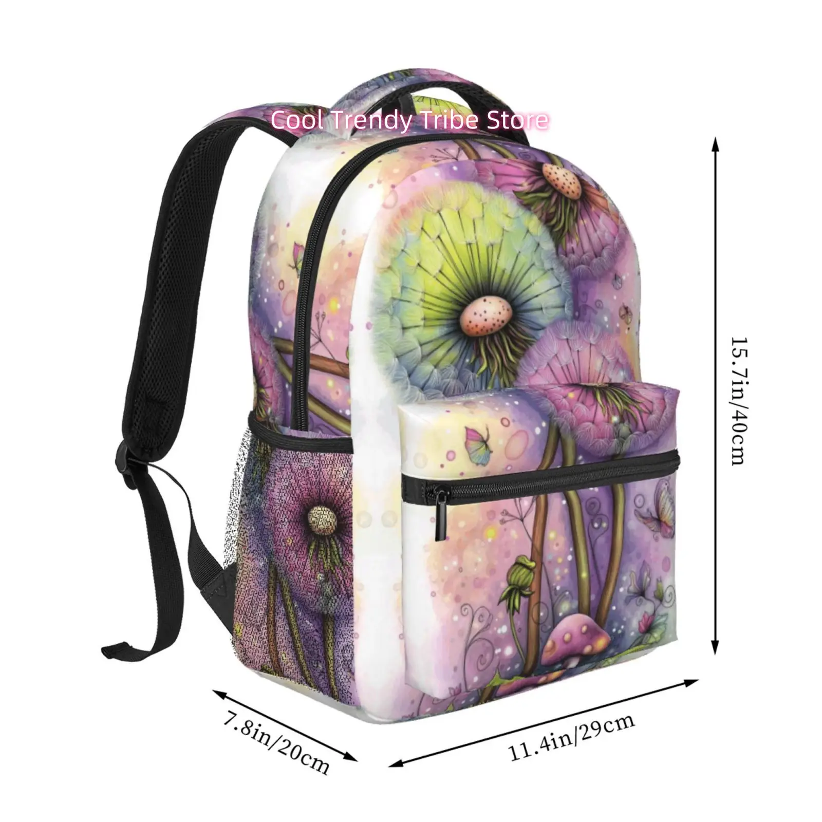 Women' Pastel Dandelion & Mushroom Print Backpack - Adjustable High Quality Oxford Cloth Bookbag with Zipper Closure, Lightweigh