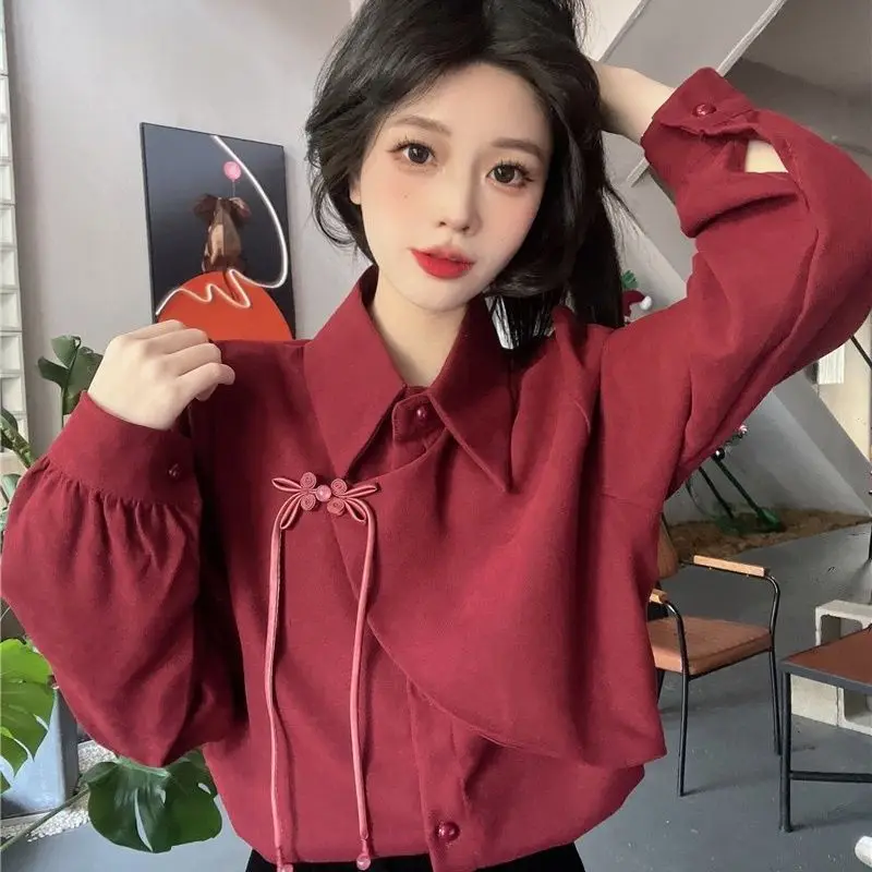 Chinese Style Frog Long Sleeve Shirts Women Autumn Winter Fleece Polo-Neck Solid Color Tops Elegant All-match Bottoming Shirt