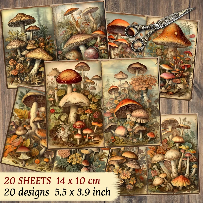 20 Sheets Vintage Style with A Variety of Mushroom Patterns, Easy To Cut A6 Material Paper DIY Stationery Decoration