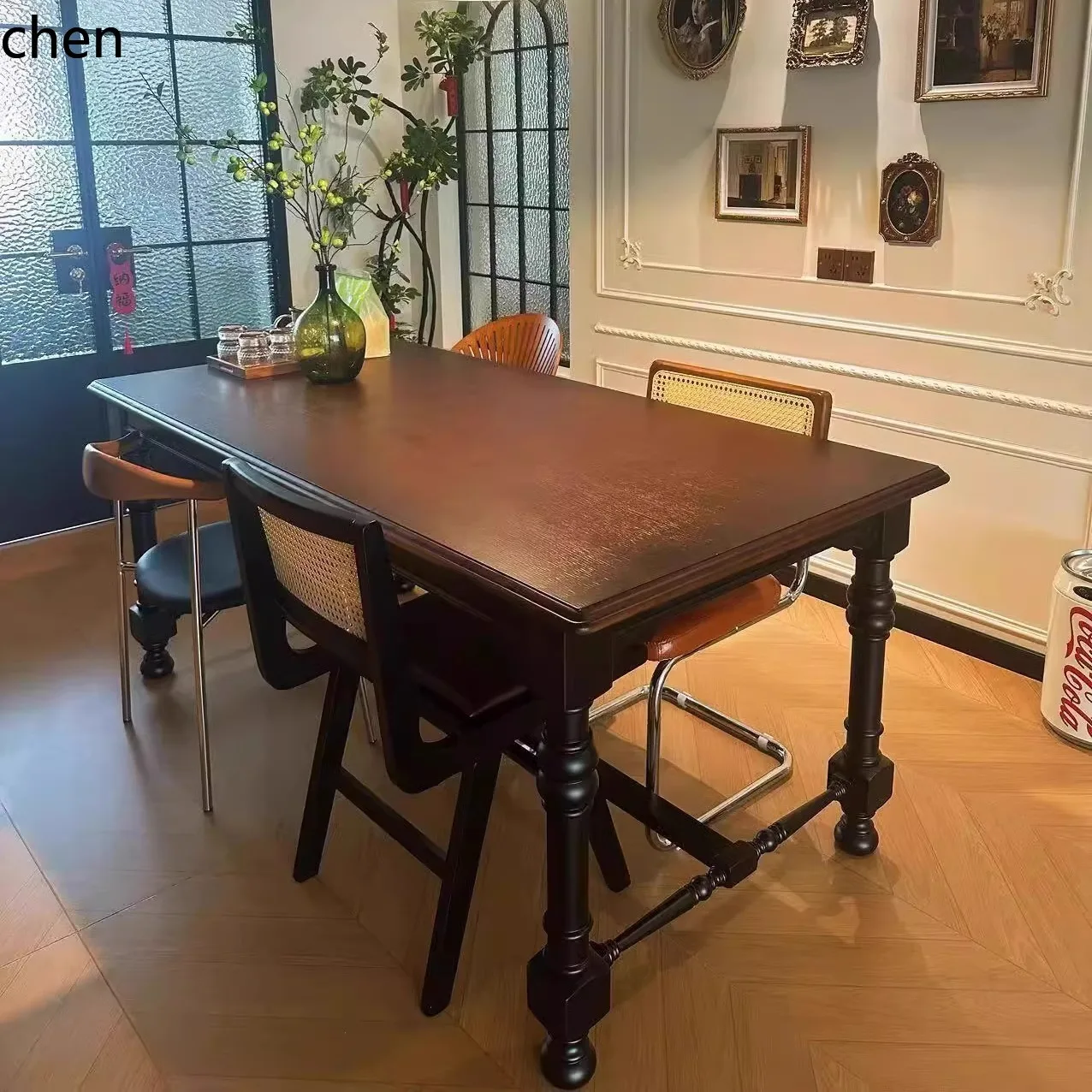 ZML solid wood dining table retro style light luxury black rectangular table living room home dining table villa premium