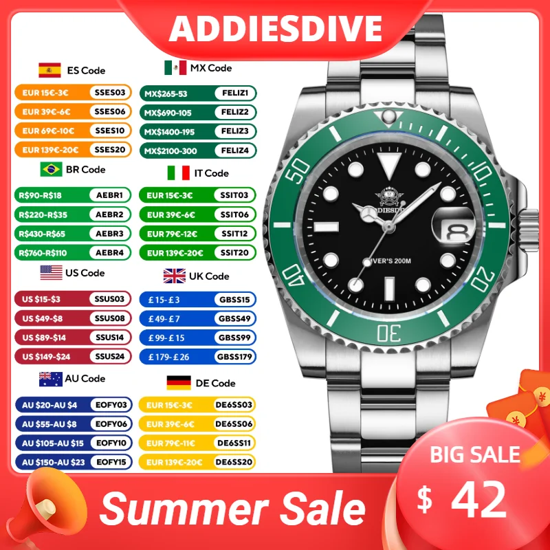 

ADDIESDIVE Luxury Stainless Steel Diver Quartz Watch Business 200m Waterproof Super Luminous Watches MY-H3-2QZ Relogio Masculino