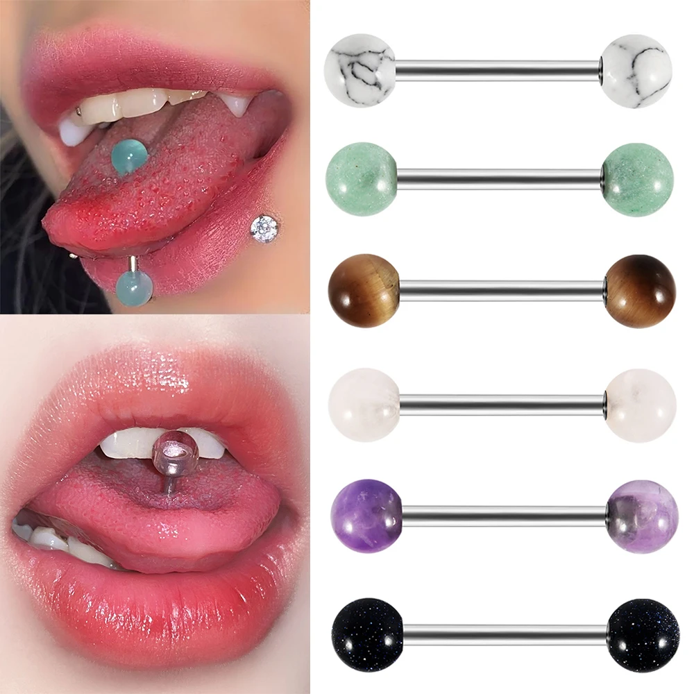 1/7PCS 316L Surgical Steel 14G Green Stone Tongue Rings Amethyst Stone Tongue Barbell Studs Nipple Ring Tongue Piercing Jewelry