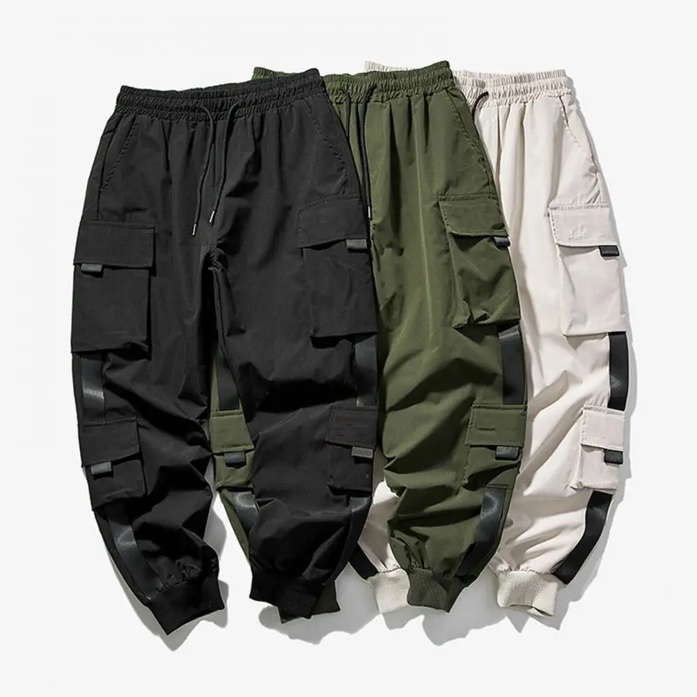 Men Cargo Pants Loose Ankle-banded Drawstring Elastic Waist Solid Color Multi Pockets Strap Decor Fitness Streetwear Outdoor Tra