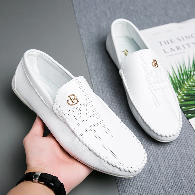 Penny Loafers Shoes For Men Male Boat Shoes 2023 Leather Flat Man Moccasins Mens Driving Shoes Casual Shoe Slip On Flats White