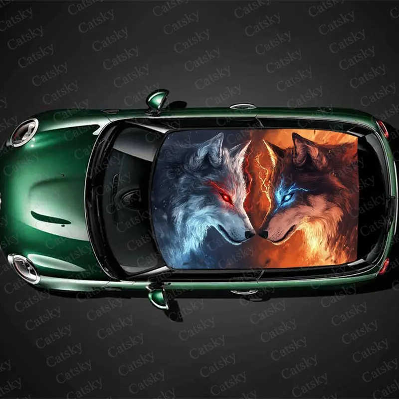 Ice Fire Animal Wolf Eye Print Car Roof Sticker Wrap Racing SUV Auto Accessories Packaging PVC Car Hood Graphic Decal Decoration