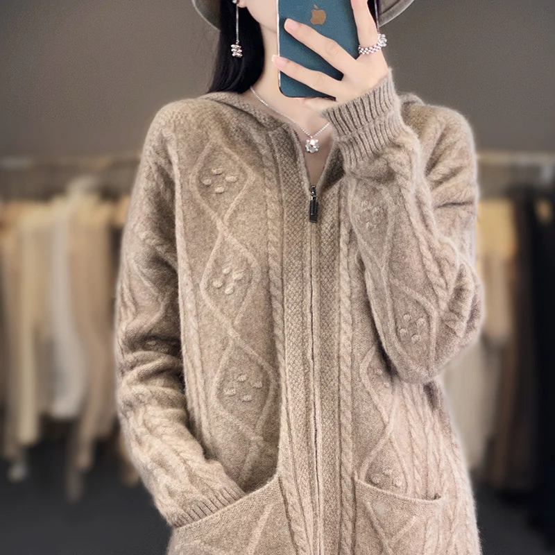 New 100% Merino Wool Hoodie Autumn/Winter Casual Loose Jumper Stylish Korean zippered Cardigan Long Sleeve Top Thick Warm Jacket