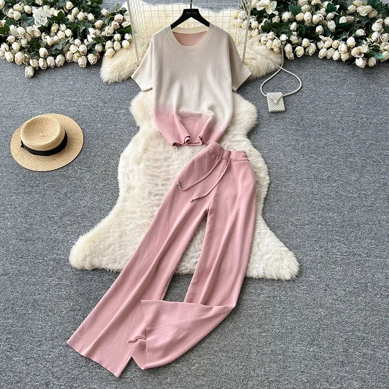 

Трикотажные комплекты с градиентным принтом, свободные топы с круглым вырезом + широкие брюки на шнурке, женские короткие рукава, простой базовый спортивный костюм