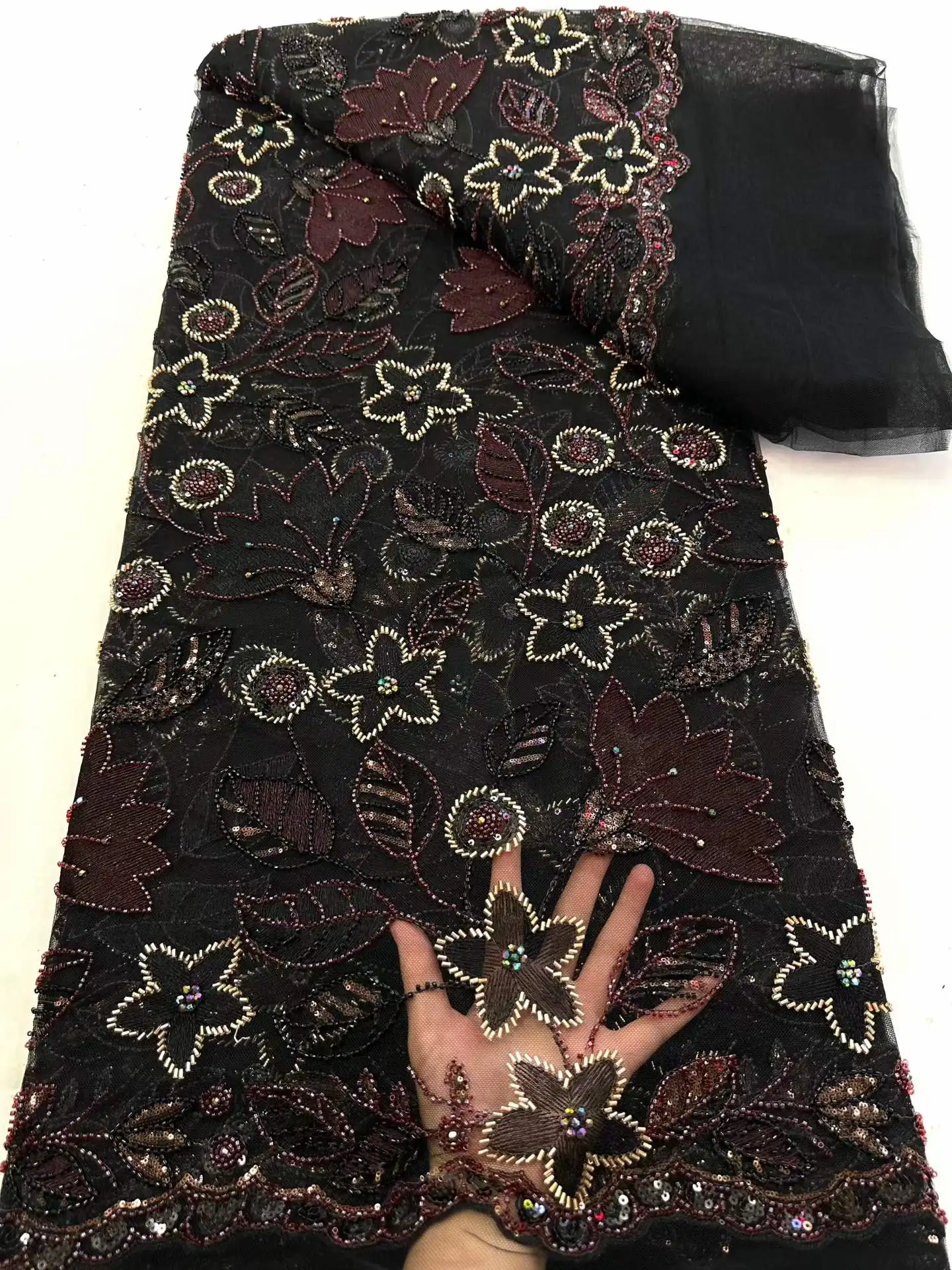 

Luxury French Embroidery Lace Fabric with Beads And Sequins 5 Yards High-Quality Material for Parties And Special Occasions