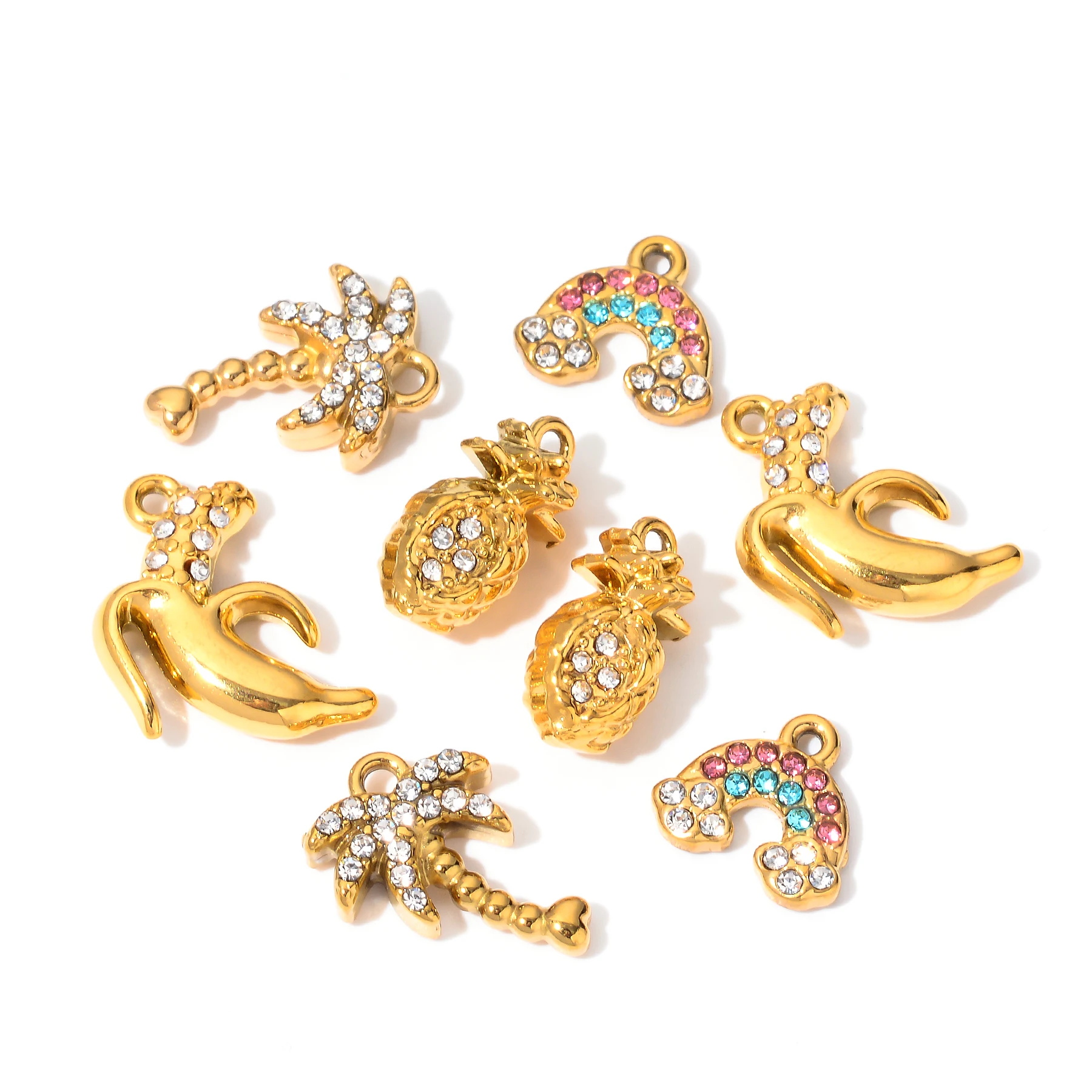 5pcs Stainless Steel Rhinestone Pendant Rainbow/Tree/Banana/Pineapple Charm For Making Necklace Bracelet Earring DIY Accessories