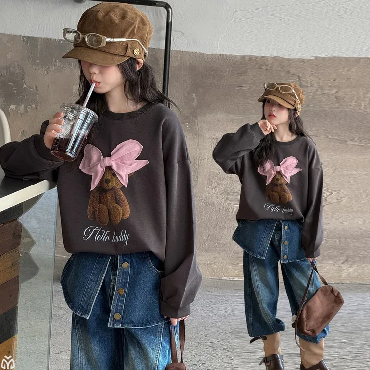 4-14 cotton teen girls Cartoon bear printed hoodie Denim skirt pants junior kids Sweatshirts jeans clothes children outfits suit