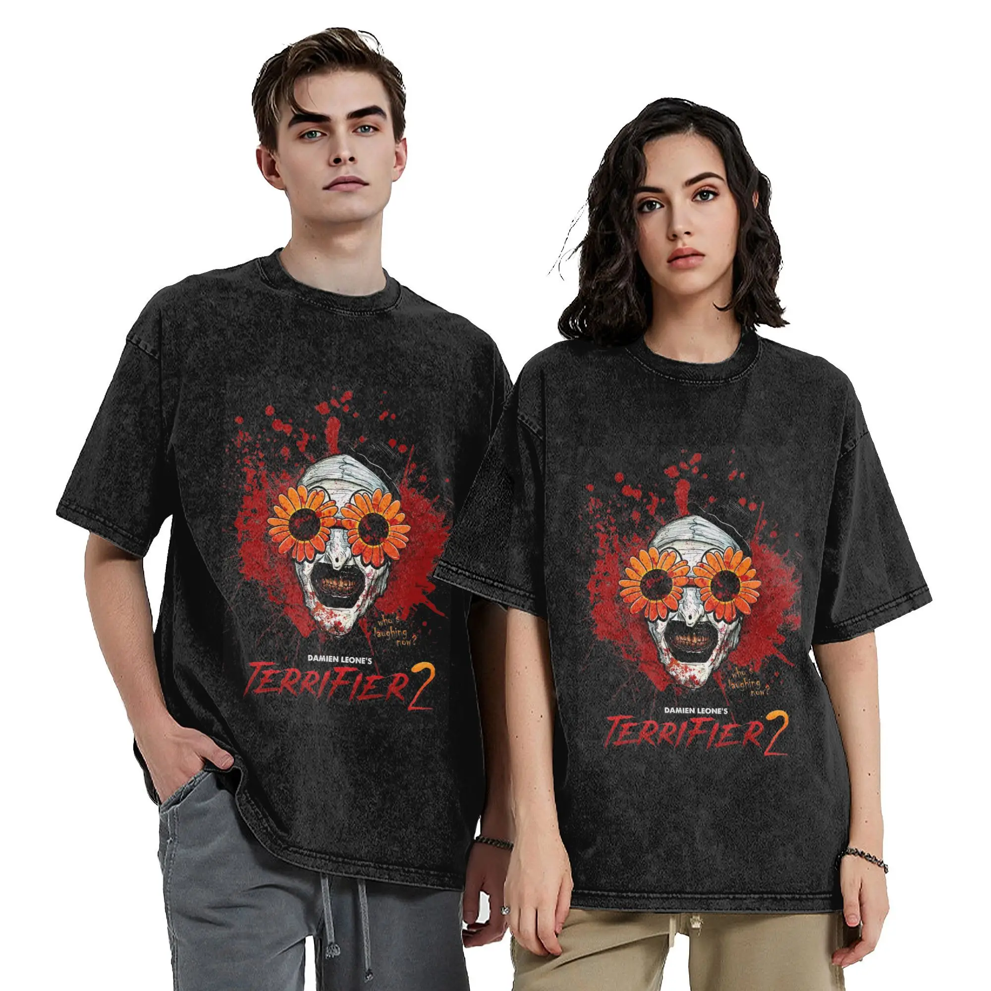 

Terrifier 2 Art The Clown Sunflower Sunglasses Vintage Washed T Shirt Cotton Funny T-Shirt Crew Neck Horror Movie Tops Printed