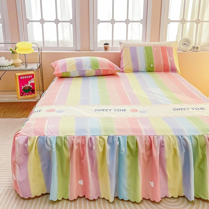 Romantic Love Heart Bed Skirt Microfiber Cartoon Rainbow Stripes Bed Sheet Set 1 Elastic Wrap Around Bedskirt with 2 Pillowcases