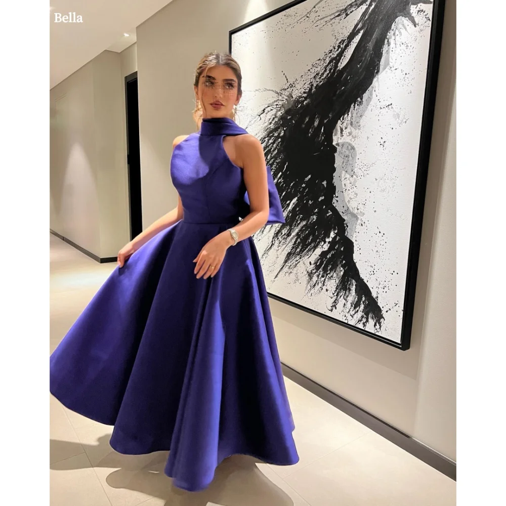 

Bella Customized Blue Halter Neck Bow Satin robes de soirée Sleeveless A-line Party Dresses Ankle-Length Backless Prom Dress
