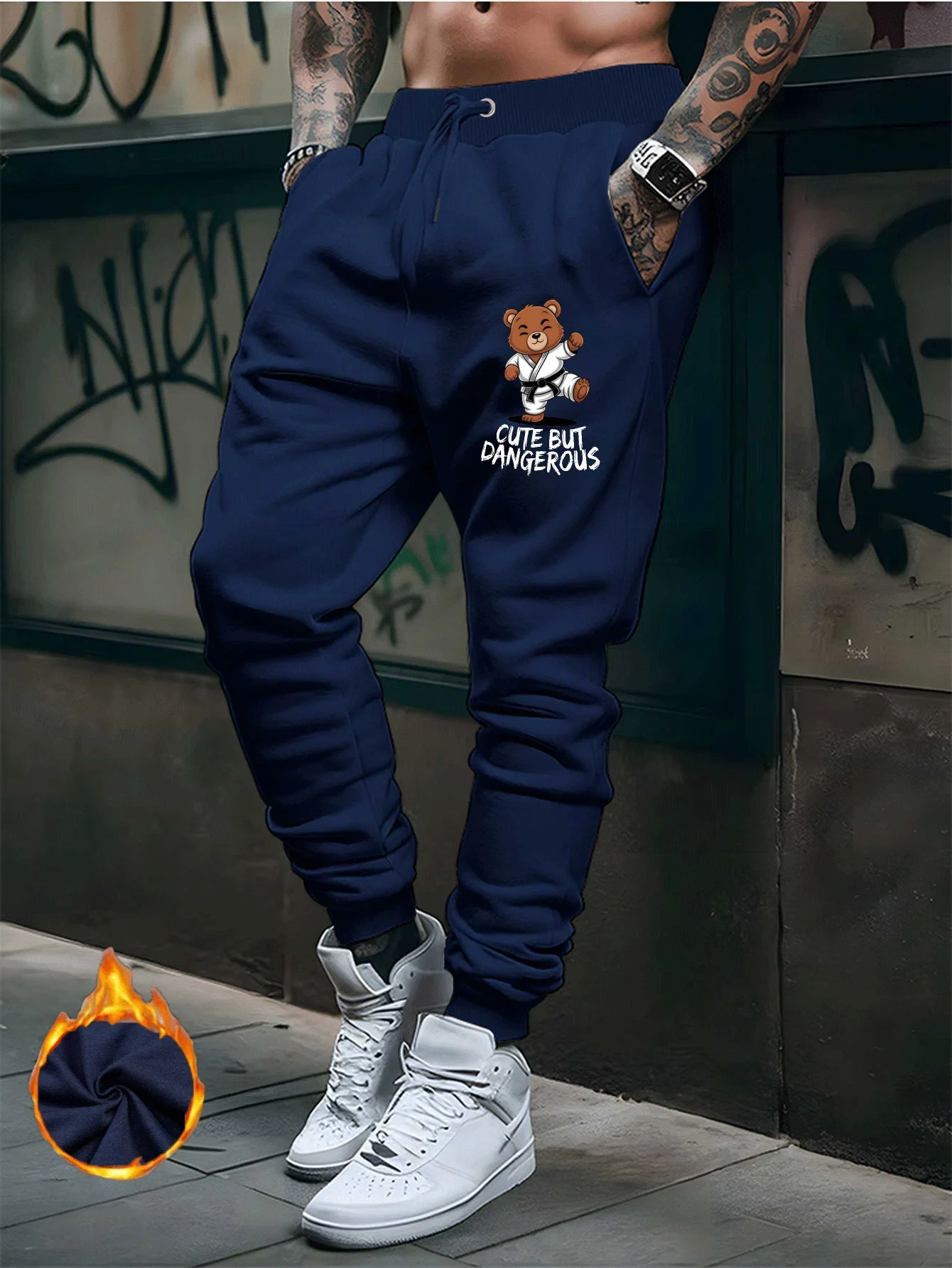 Humorous martial‑arts bear character with fun slogan printed sweatpants men hip hop sports warm street jogger pants