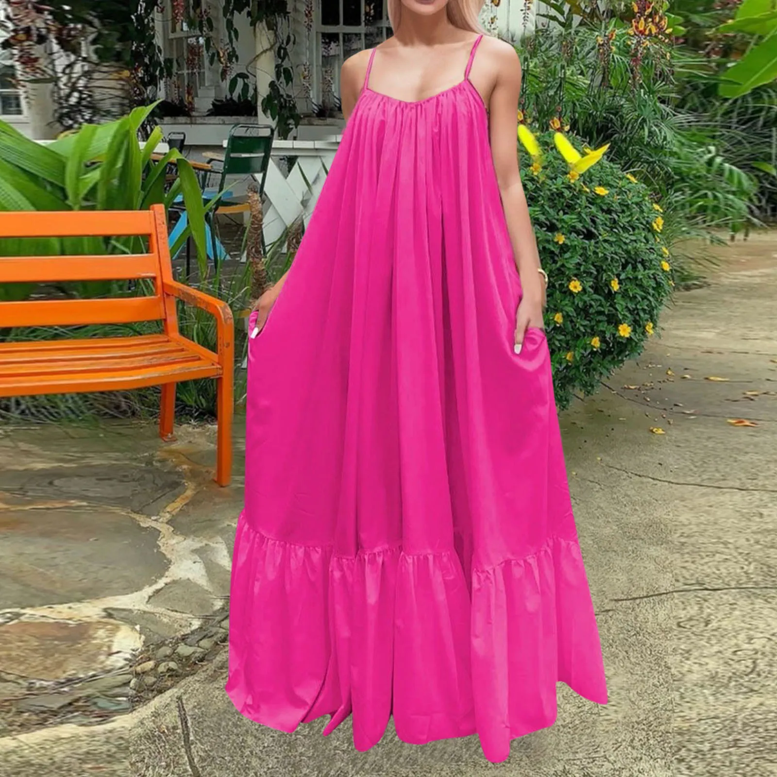 Plus Size Dresses For Curvy Women Spaghetti Strap Solid Color A-Line Ruffles Maxi Dress For Female Formal Holiday Dress 2024