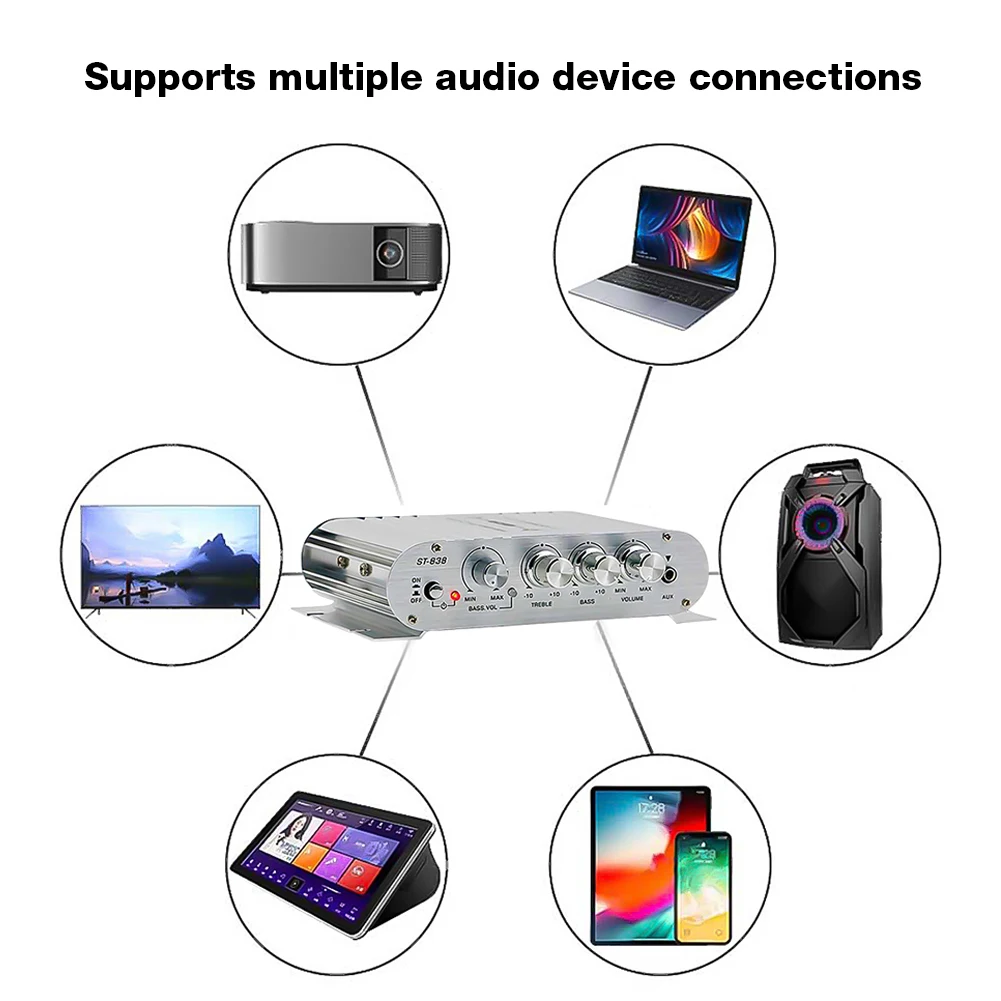 

ST-838 HiFi 2.1 Channel Audio Amplifier Bass and Treble Adjustment 80W*2 Black Car Home Amp Mini Media Player