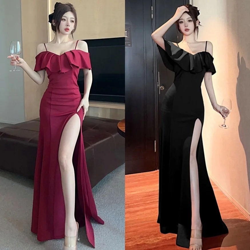 

High-end No. 54 niche evening one-shoulder dress for women new high-end sexy banquet slim slim long dress