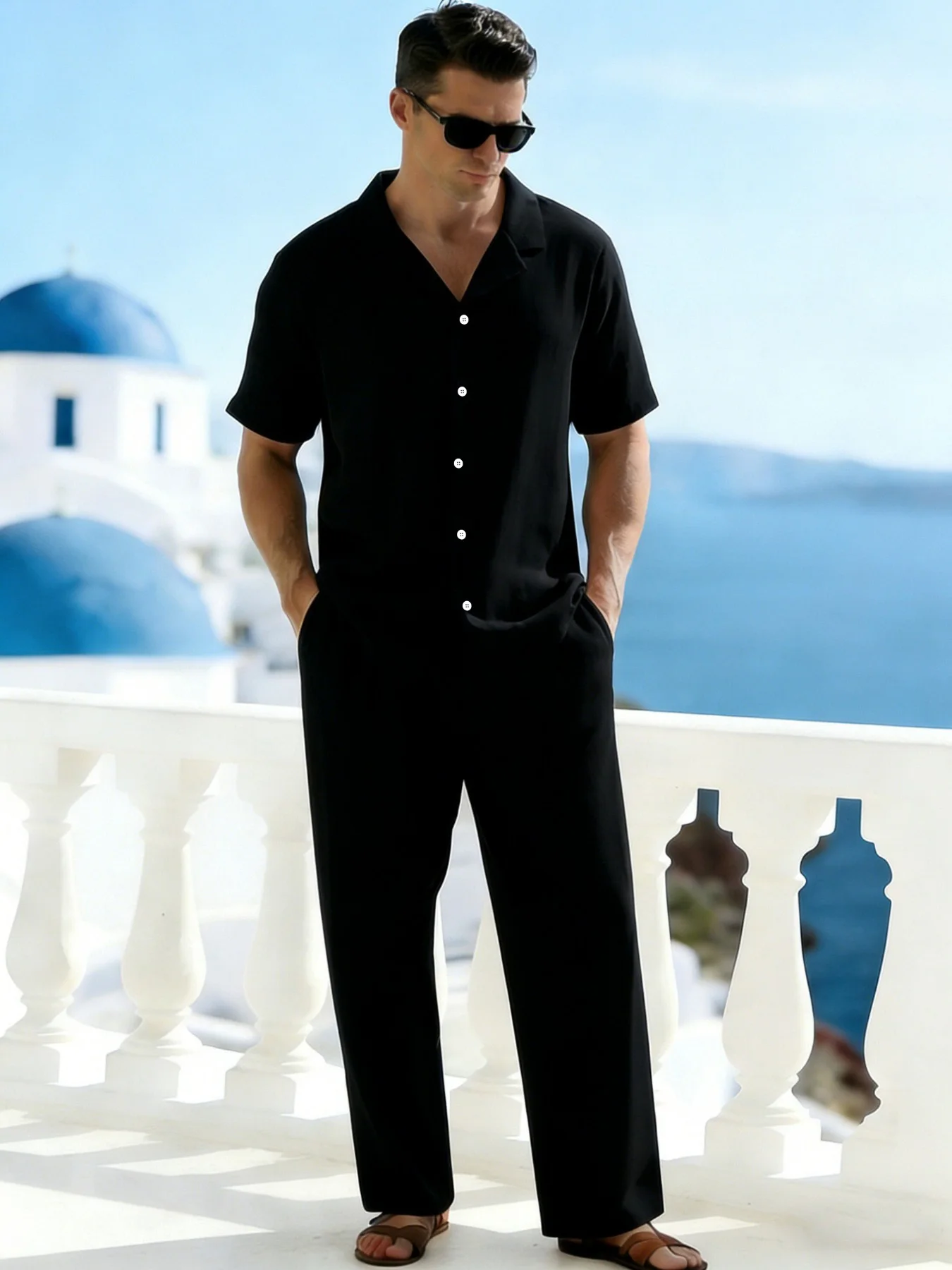 Men's Outfit Set Solid White Cuban Collar Short Sleeve Button Shirt Wide Leg Pants Wrinkle Resistant Summer Resort Casual Wear