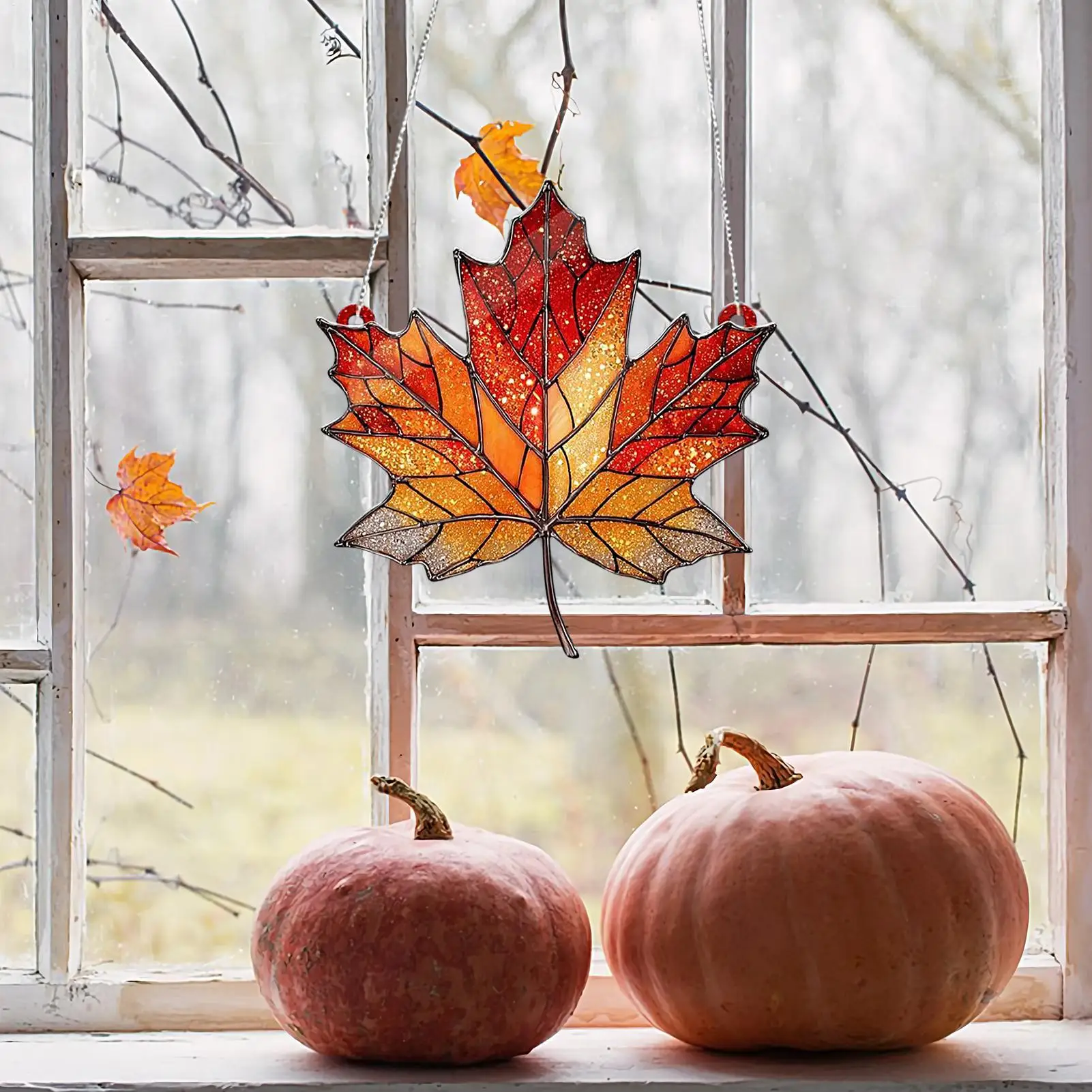 Autumn Maple Leaves Sun Catcher For Window Decorative Acrylic Pendant Wall Art Hanging Ornaments Home Decorations
