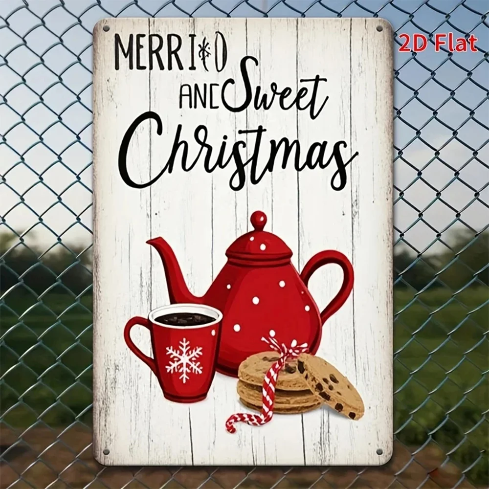 1 Piece Vintage Christmas Coffee and Cookie Metal Wall Sign - 12x8inch Rustic Tin Art with Snowflakes, Red Teapot, and the Words 
