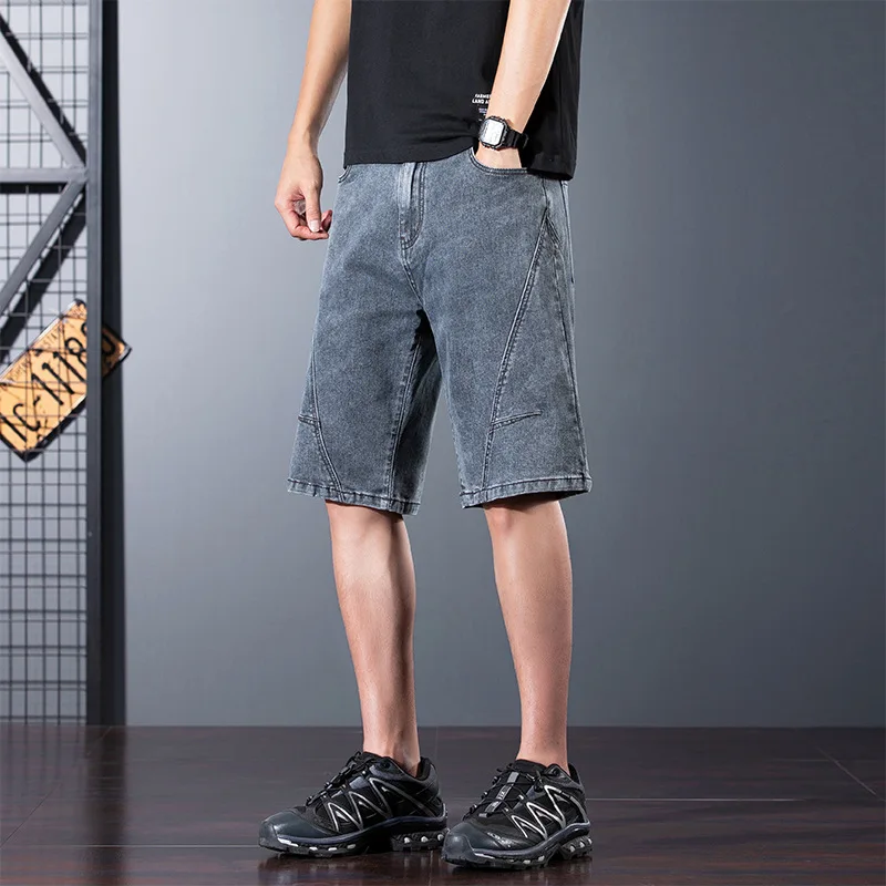 Summer Lightweight Loose Straight Stretch 5-Pocket Denim Shorts Men's Plus Size Casual Mid-Length Trendy