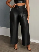 Plus size vintage cool pants, black PU leather wide-leg trousers, high-waisted buttoned to slim and show long legs