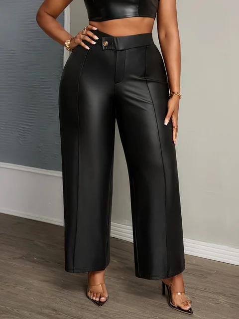 Plus size vintage cool pants, black PU leather wide-leg trousers, high-waisted buttoned to slim and show long legs