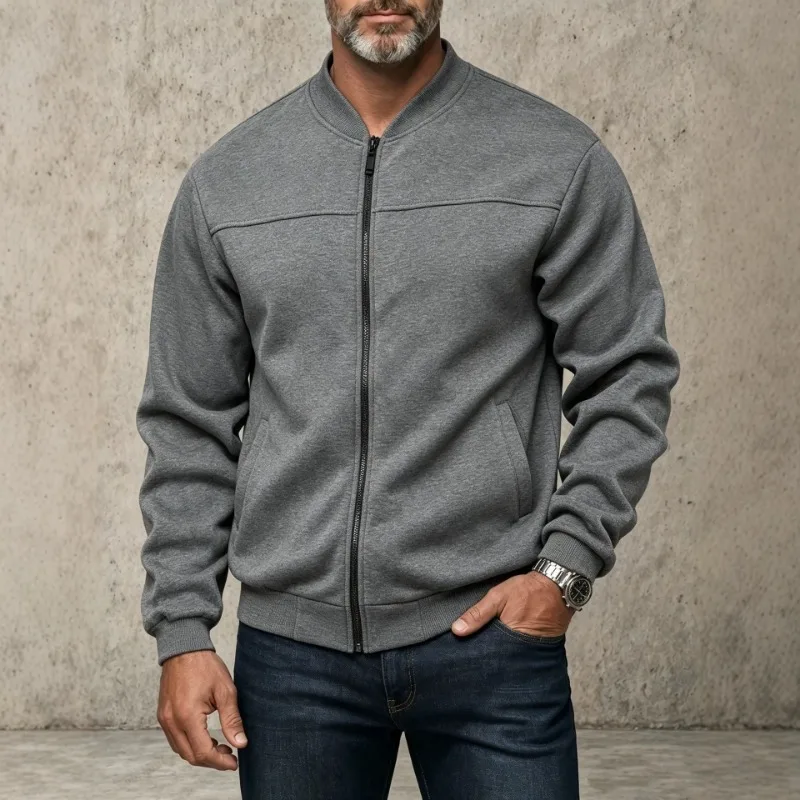 Men Baseball Collar Zip Up Sweatshirt Jacket Long Sleeve Casual Loose Outerwear