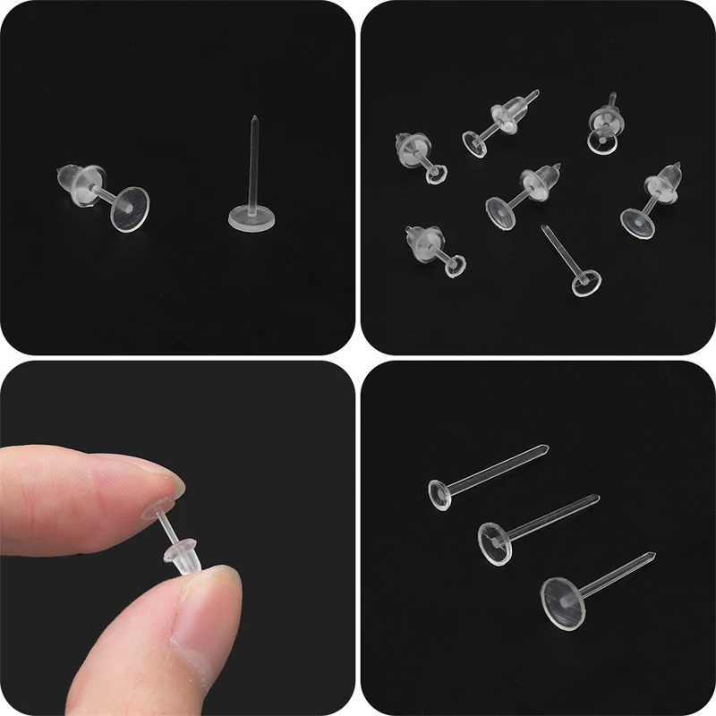 Juego de pendientes de plástico hipoalergénico, aretes invisibles de silicona, pasadores de Base para Piercing, retenedor, DIY, 100/200 unidades