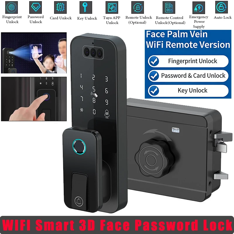 

Tuya WiFi 3D Face Recognition/APP/Fingerprint/Password/Card/Key Remote Unlocking Smart Electronic Door Lock with Scissor Latch