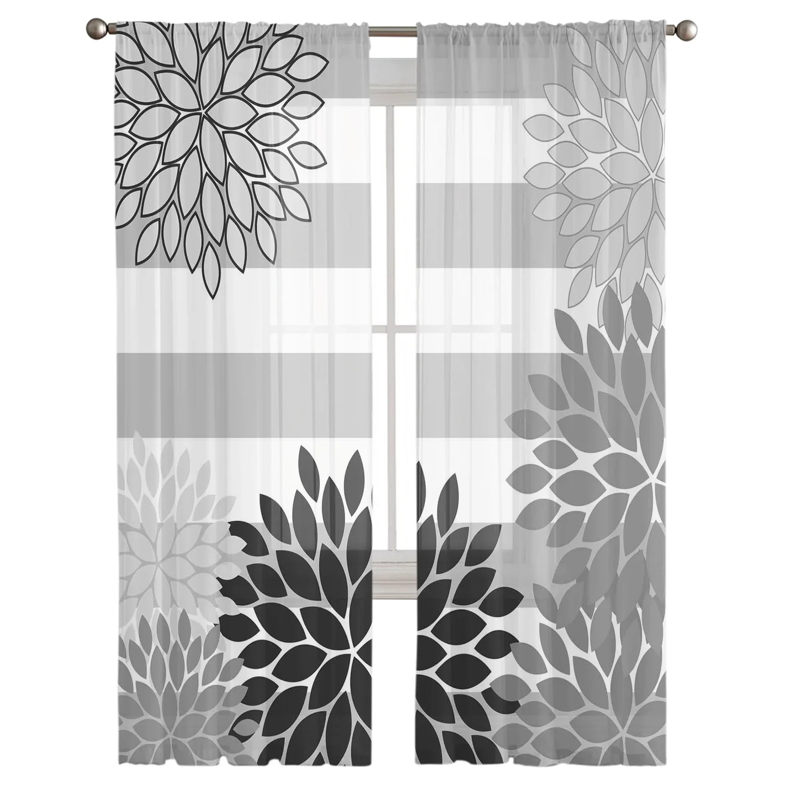 Flower Abstract Dahlia Black And White Grey Stripes Living Room Tulle Curtains Bedroom Voile Curtains Modern Sheer Curtains