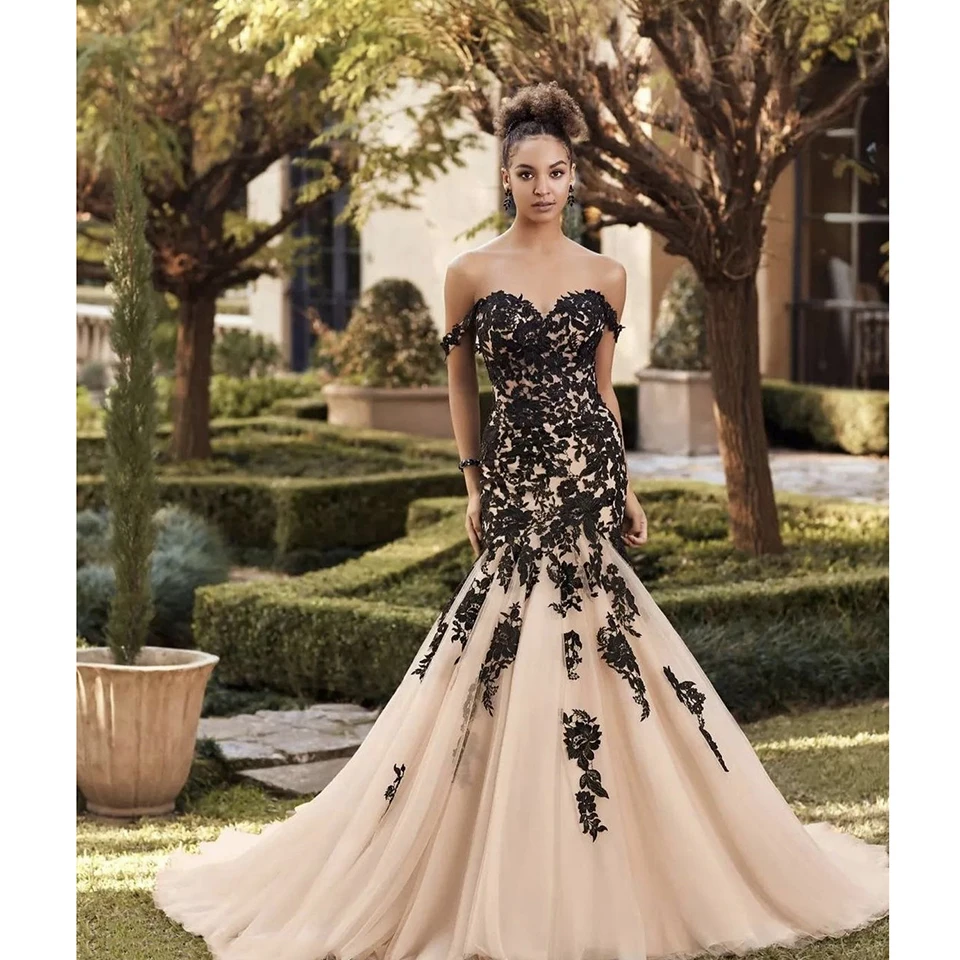 Robe de mariée sirène longueur au sol avec fermeture éclair, appliques chérie, hors de l'initiative, train de balayage, robe de soirée, charmant, noir, 2023