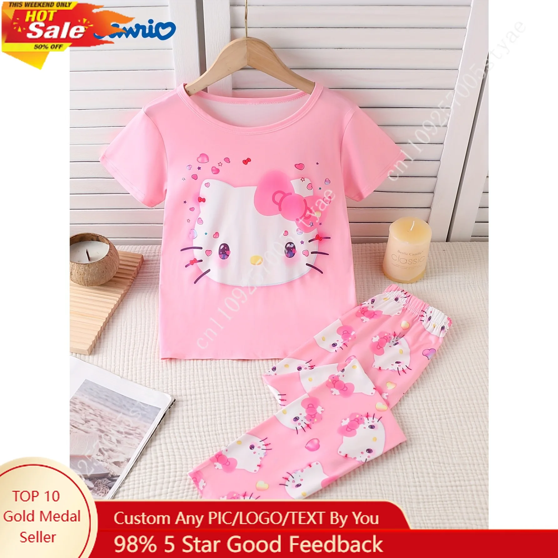 

Sanrio Hello Kitty Flame-Retardant Girls' Heart Pajamas with Shorts Two-Piece Loungewear Set