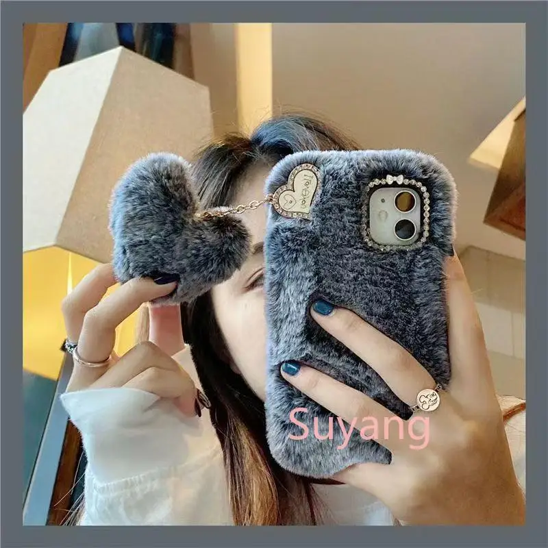 Luxury Diamond Hairy Heart Pendant Phone Case For Xiaomi Redmi Note 14 13 ProPlus 12 11 10 14S 12S 11S 10S 15C 14C 13C 12C Shell