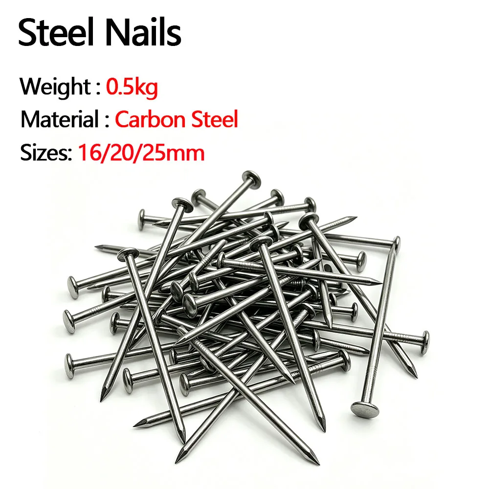 0.5kg Carbon Steel Wire Nails Round Flat Head 16/20/25mm Wood Nails Furniture Hardware Fasteners for Construction DIY Decoration
